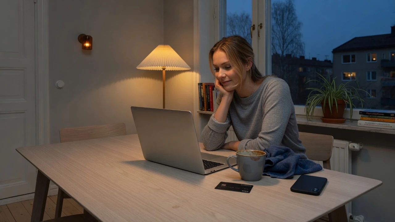 Svensk spelare vid bord med Visakort och stängd bärbar dator