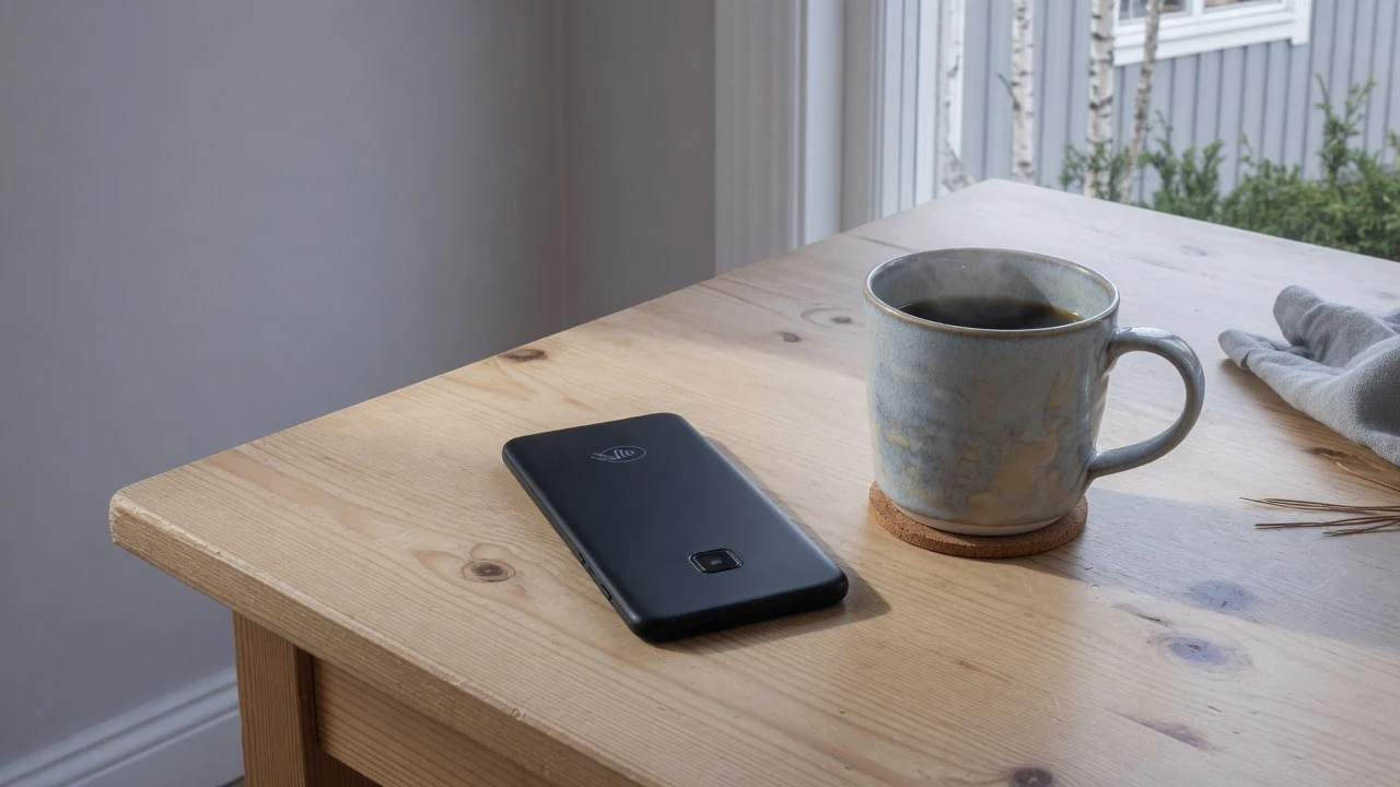 Smartphone på träbord bredvid svensk kaffekopp, neutral skärm, nordiskt ljus