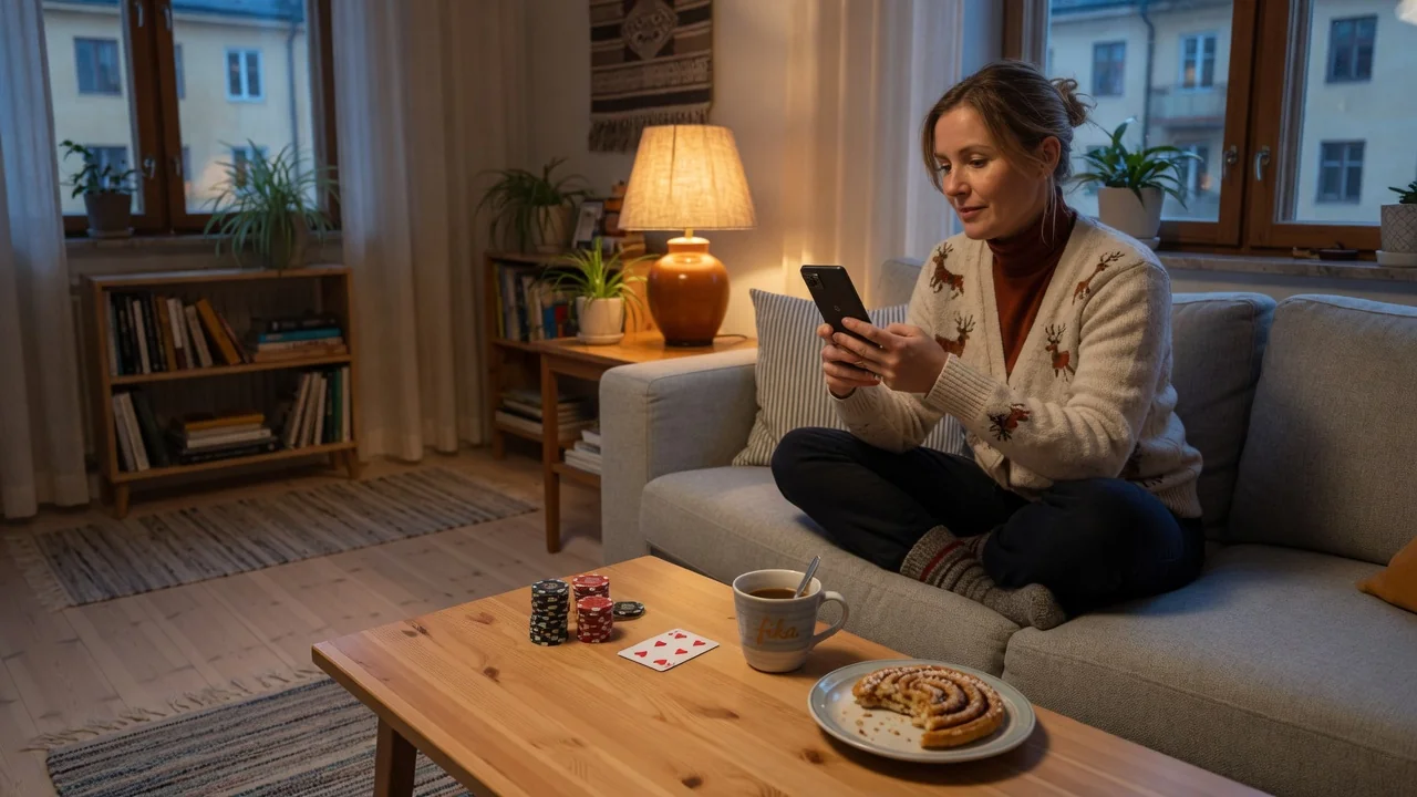 Svensk person med Android-telefon, casinomarker och fika i mysig vardagsrumsmiljö