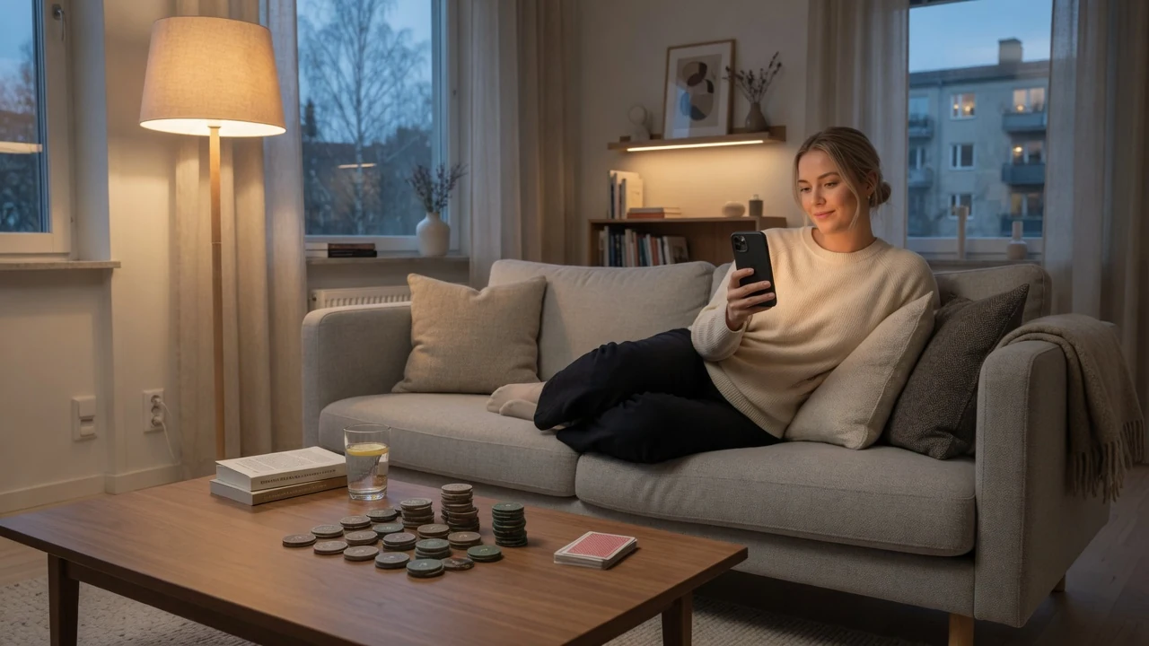 Svensk person med iPhone och casinofigurer i vardagsrum