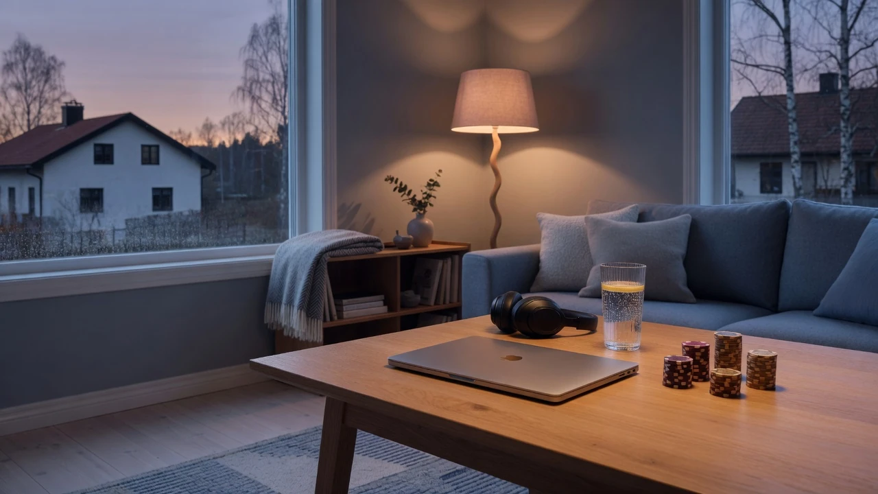 Skandinavisk vardagsrum med stängd laptop och casinotema på bordet