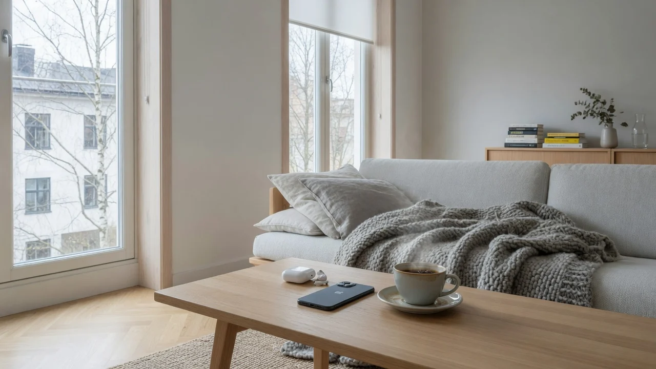 Modern svensk vardagsmiljö med telefon och kaffe på soffbord