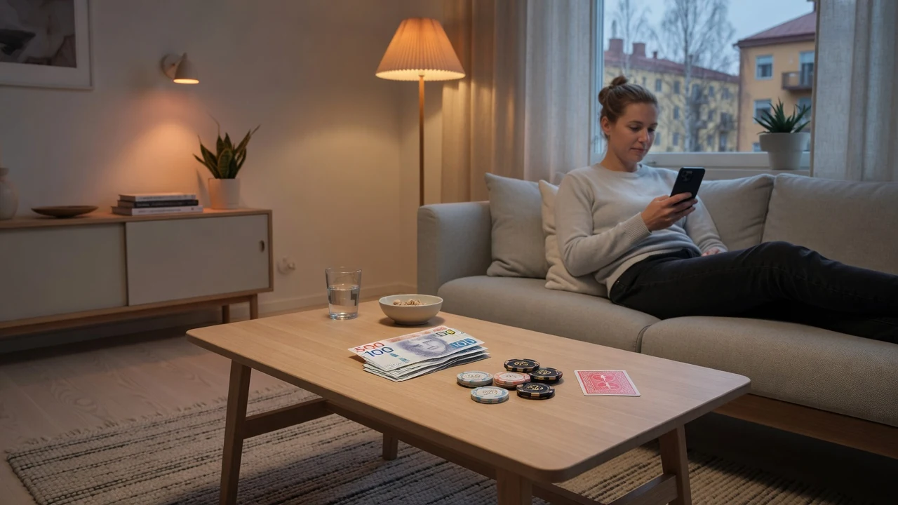 Avslappnad person med mobiltelefon, spelmarker och svenska kronor på bordet