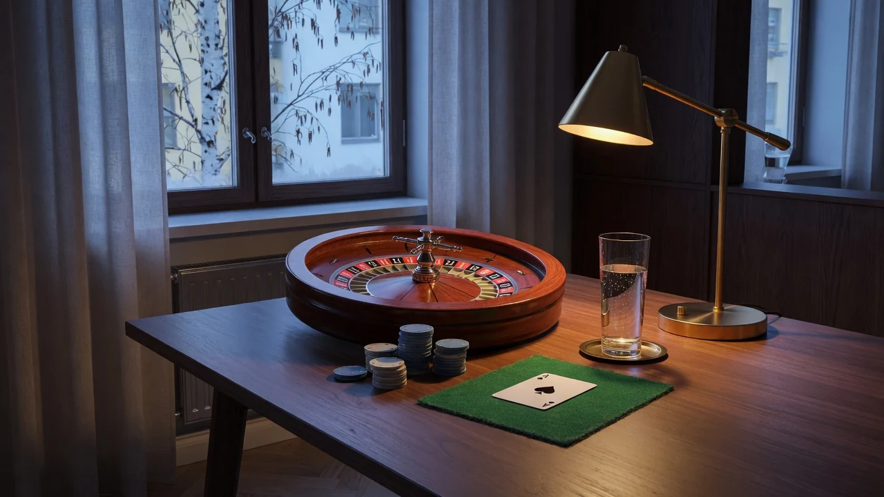 Roulettehjul, casinomarker och ett spelkort på ett mörkt bord i modernt skandinaviskt rum med varm belysning.