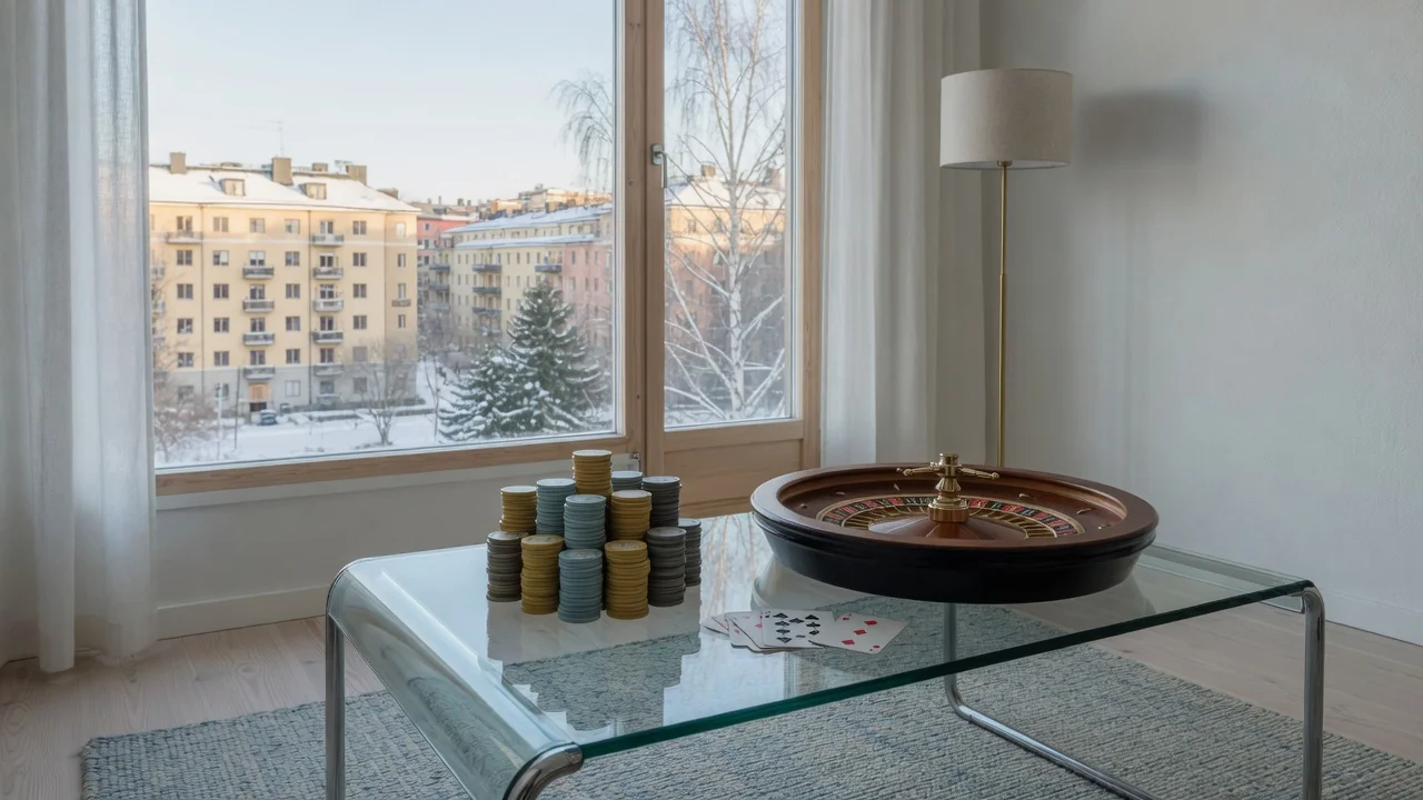 Snygg svensk interiör med casinotillbehör och utsikt över Stockholm