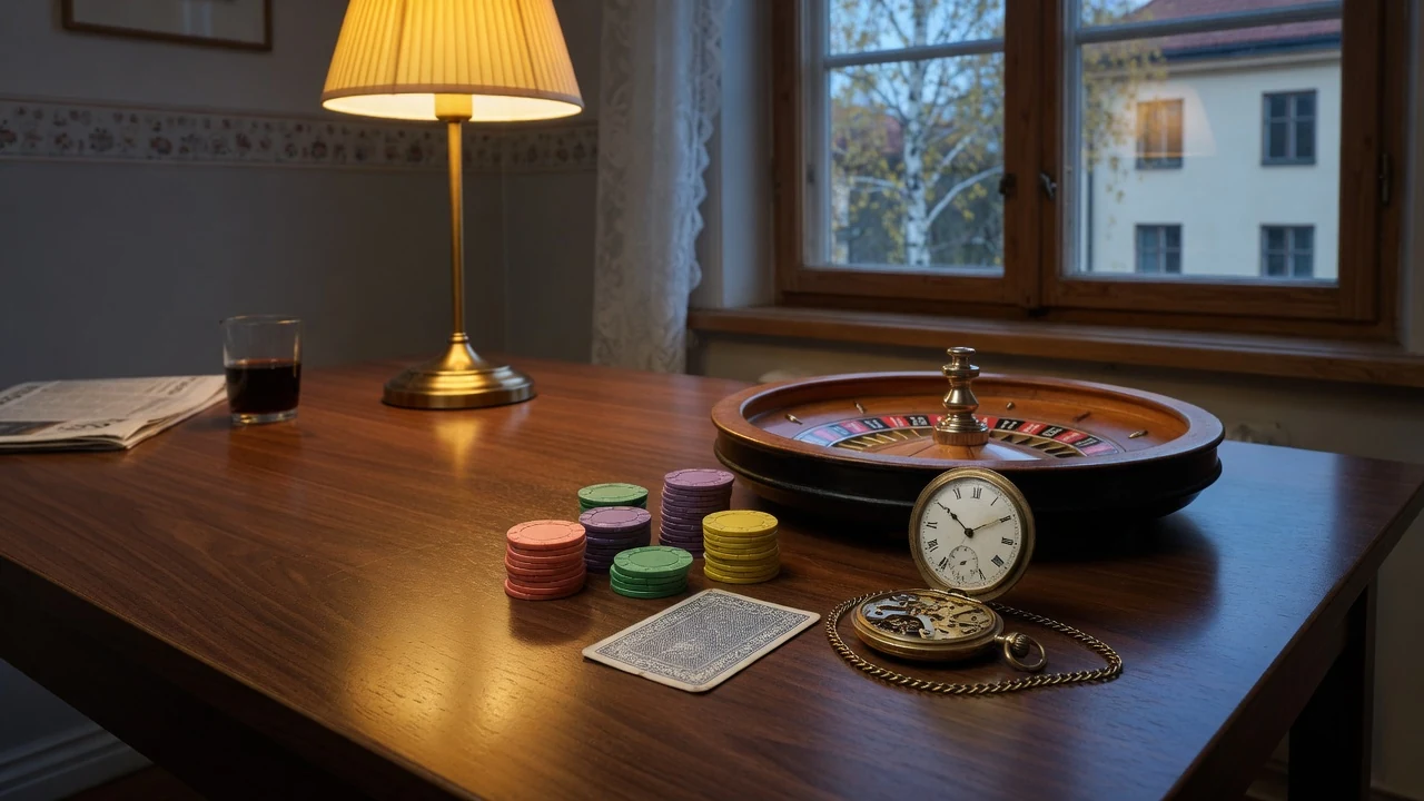 Roulette, casinofigurer och ett klockfodral på ett bord i skandinavisk miljö.
