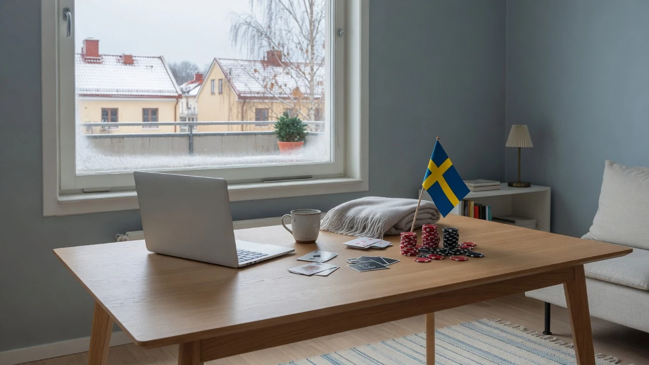 Modernt skandinaviskt vardagsrum med laptop och casinotillbehör på bordet