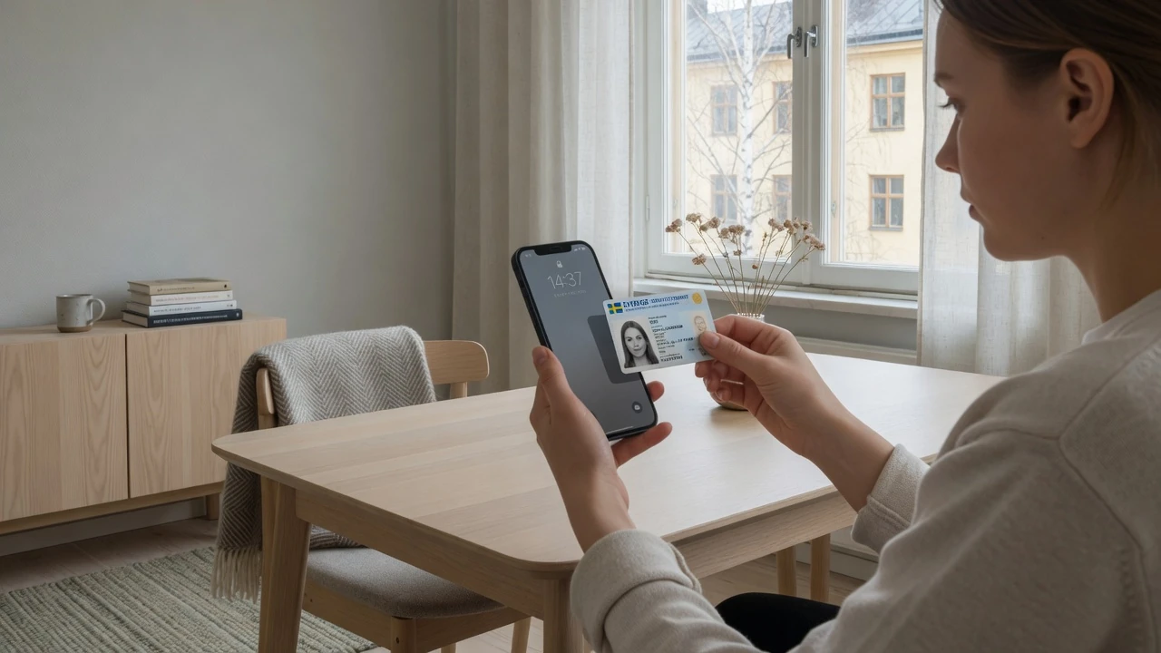 Person med mobiltelefon och svenskt ID-kort för verifiering