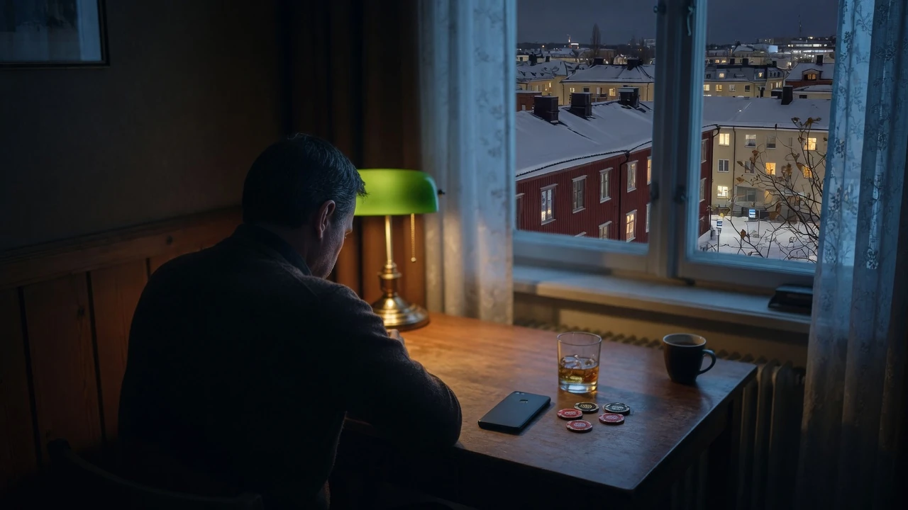 Person vid skrivbord med casinotema, mörk svensk vinternatt