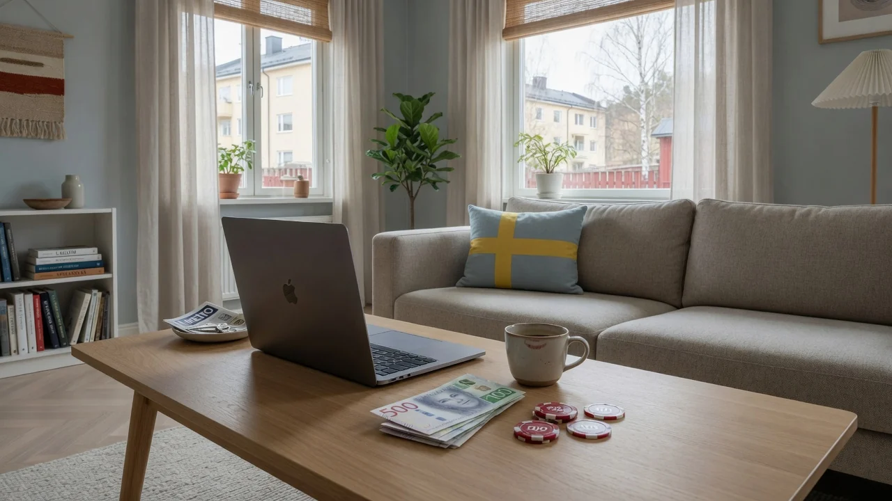 Modernt skandinaviskt vardagsrum med stängd laptop och casinospelmarker