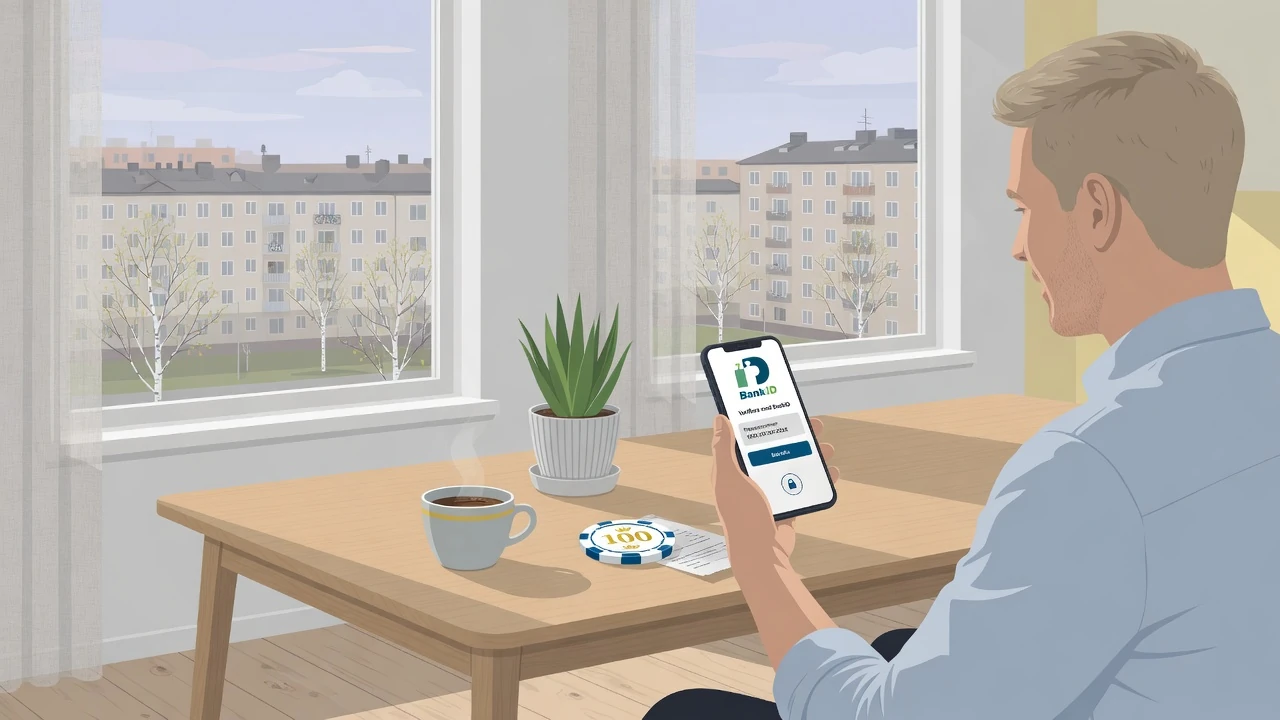 Person som använder BankID på smartphone i modern svensk lägenhet med utsikt över Stockholm