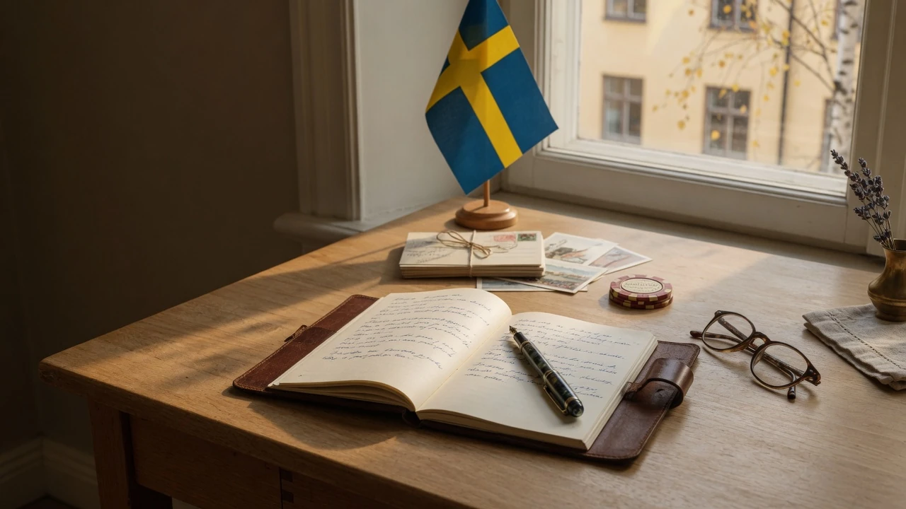 Skrivbord med anteckningsbok, penna och svensk flagga