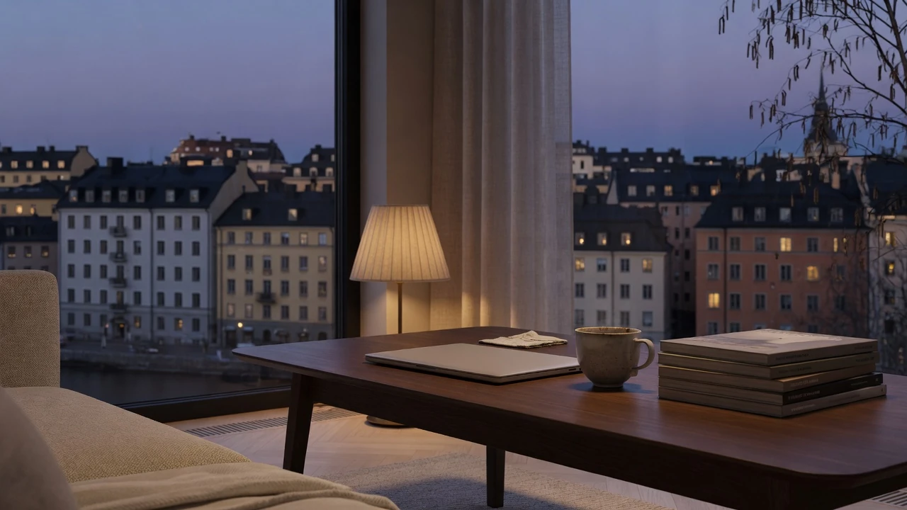Modernt skandinaviskt vardagsrum med stängt laptop och kvällsljus över Stockholm