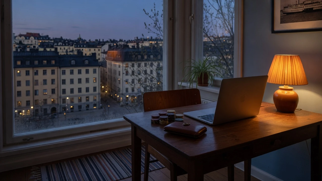 Stockholm lägenhet med casinomarker och stängd laptop vid fönstret
