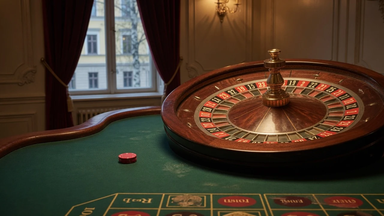 Europeisk roulettehjul på grönt casinobord med en röd spelmarker